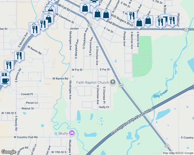 map of restaurants, bars, coffee shops, grocery stores, and more near 706 South Choctaw Avenue in Claremore