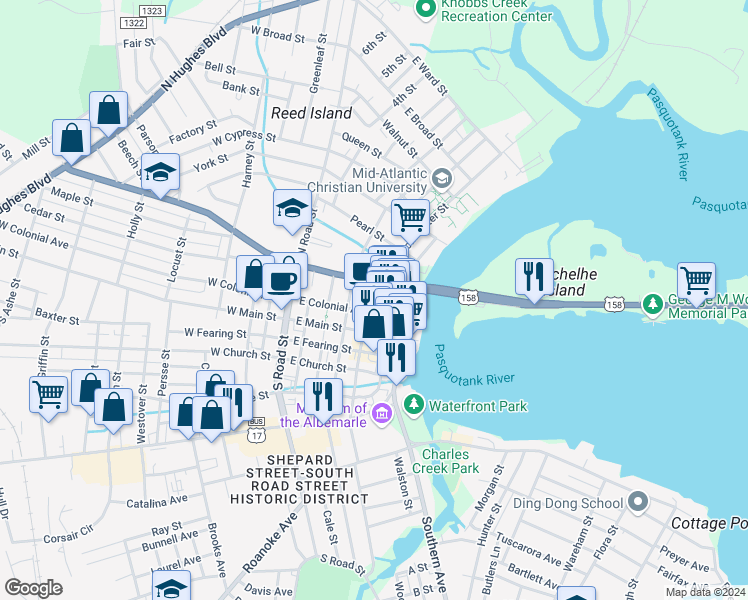 map of restaurants, bars, coffee shops, grocery stores, and more near 204 North McMorrine Street in Elizabeth City