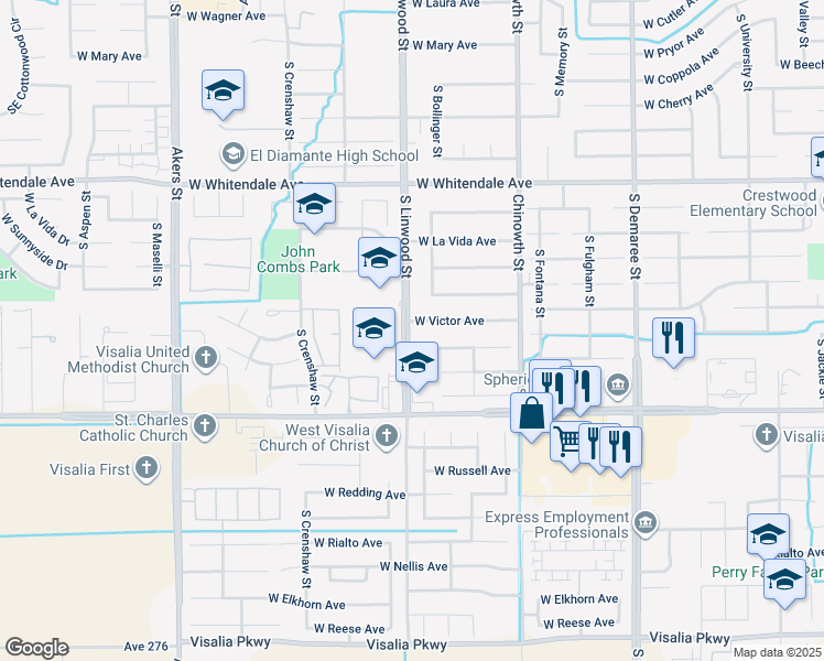 map of restaurants, bars, coffee shops, grocery stores, and more near 4426 West Victor Avenue in Visalia