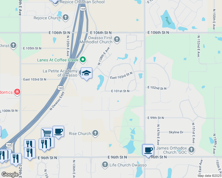 map of restaurants, bars, coffee shops, grocery stores, and more near 10212 North 140th East Avenue in Owasso
