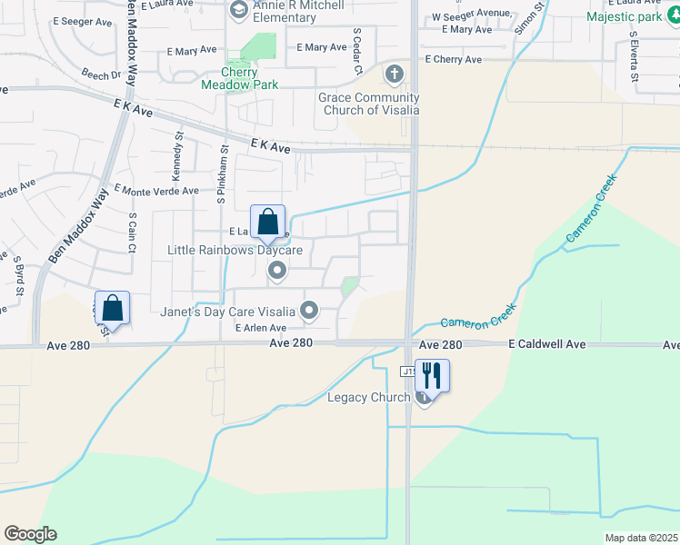 map of restaurants, bars, coffee shops, grocery stores, and more near 3309 South Maple Street in Visalia