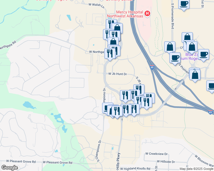 map of restaurants, bars, coffee shops, grocery stores, and more near 3708 South Champions Drive in Rogers