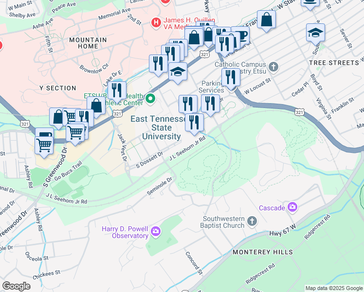 map of restaurants, bars, coffee shops, grocery stores, and more near 1276 Gilbreath Drive in Johnson City