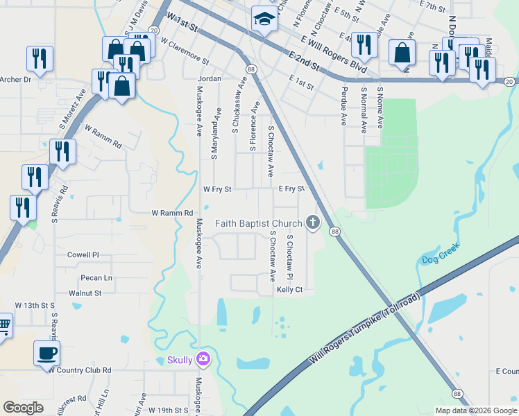 map of restaurants, bars, coffee shops, grocery stores, and more near 201 East Fry Street in Claremore