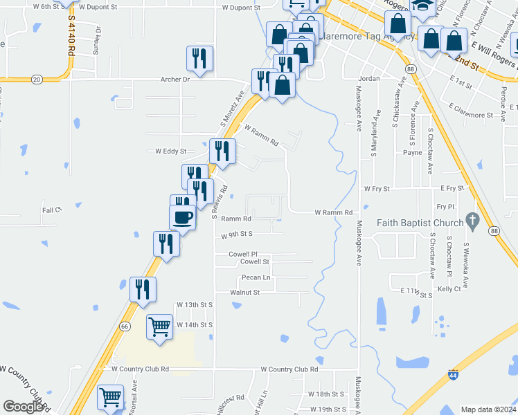 map of restaurants, bars, coffee shops, grocery stores, and more near 87 Ramm Road in Claremore