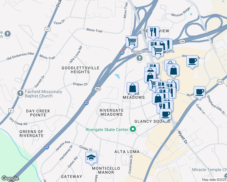 map of restaurants, bars, coffee shops, grocery stores, and more near 255 Cobblestone Place Drive in Goodlettsville