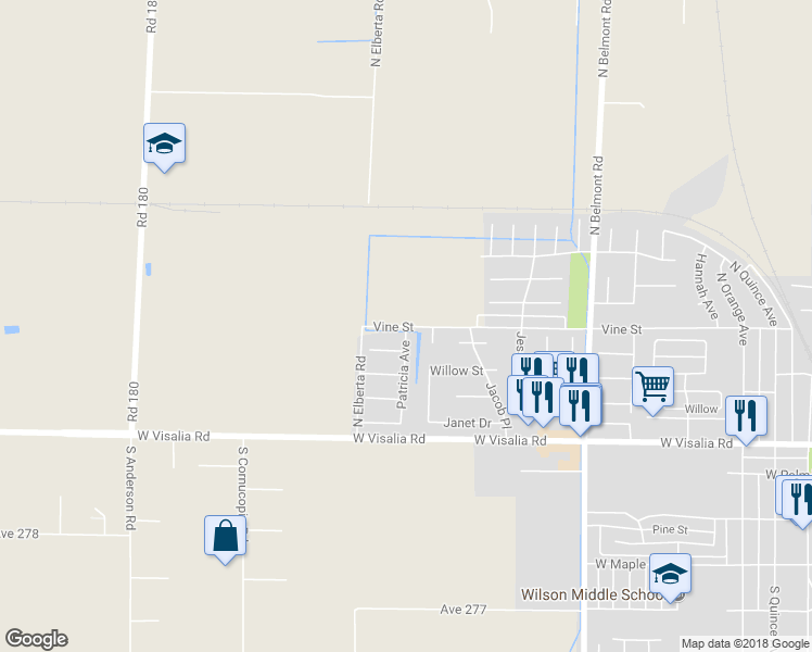 map of restaurants, bars, coffee shops, grocery stores, and more near Vine Street & Patricia Avenue in Exeter