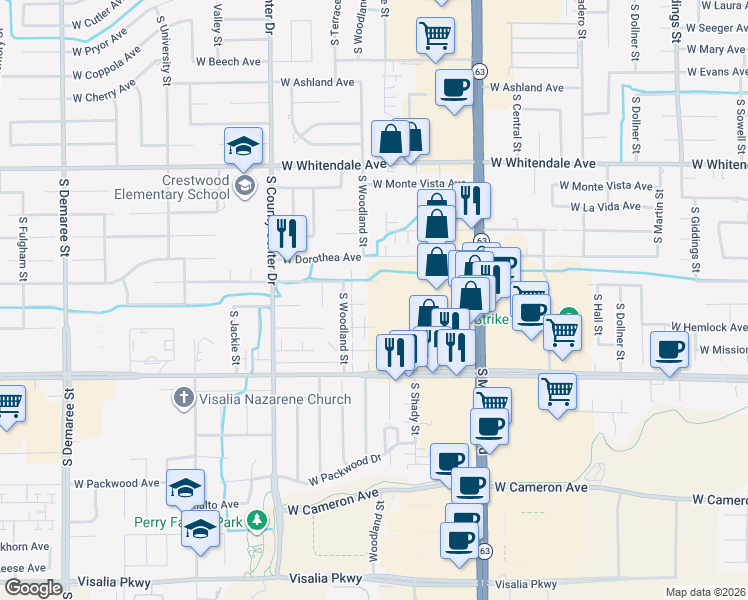 map of restaurants, bars, coffee shops, grocery stores, and more near 2531 West Victor Avenue in Visalia