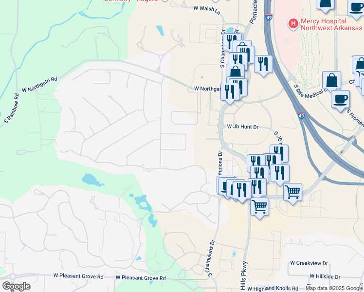 map of restaurants, bars, coffee shops, grocery stores, and more near 10 West Wembly Drive in Rogers
