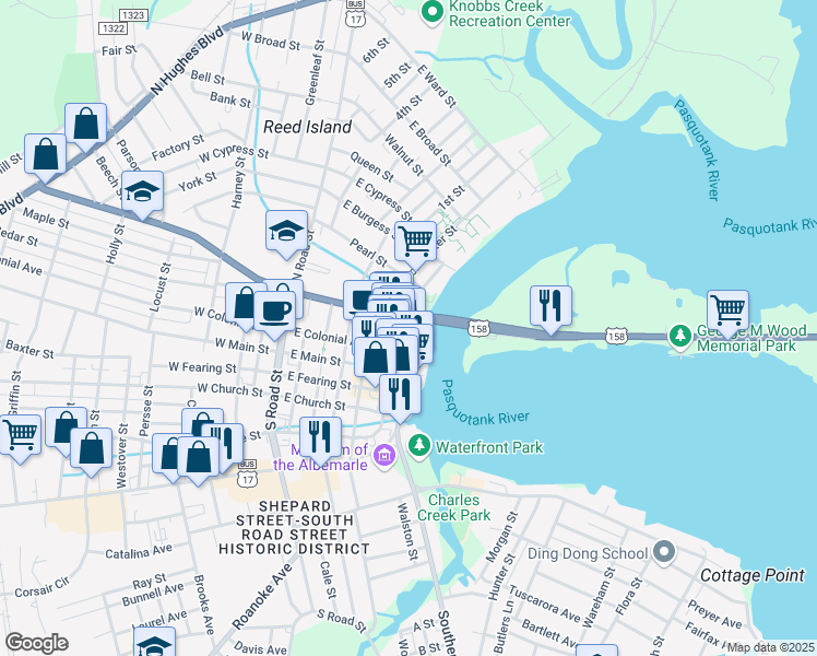 map of restaurants, bars, coffee shops, grocery stores, and more near 225 North Water Street in Elizabeth City