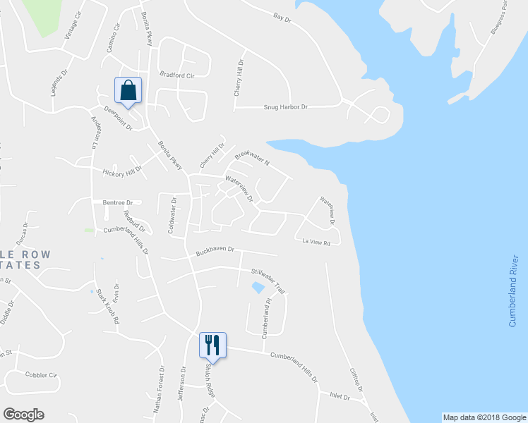 map of restaurants, bars, coffee shops, grocery stores, and more near Waterview Drive in Hendersonville