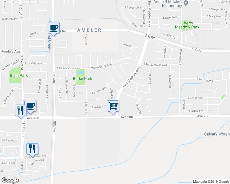 map of restaurants, bars, coffee shops, grocery stores, and more near 3206 South Byrd Street in Visalia