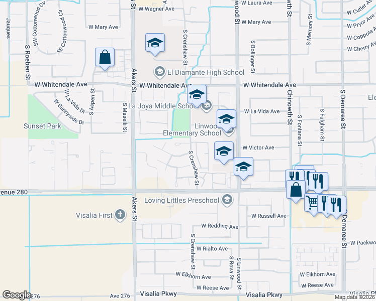 map of restaurants, bars, coffee shops, grocery stores, and more near 3228 South Crenshaw Street in Visalia