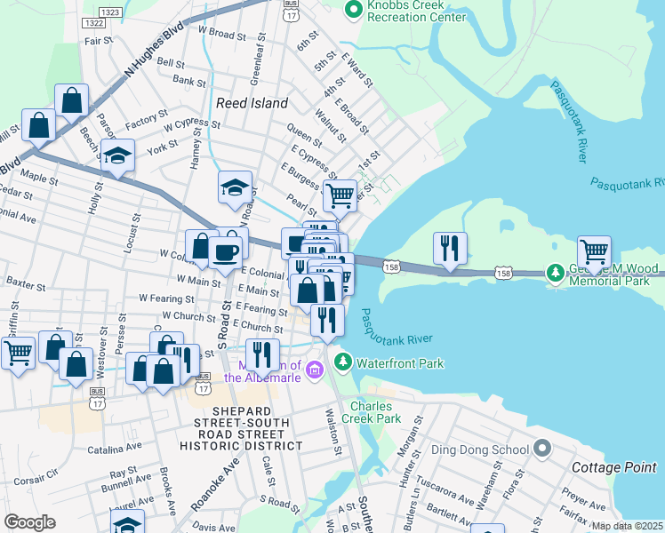 map of restaurants, bars, coffee shops, grocery stores, and more near 515 East Elizabeth Street in Elizabeth City