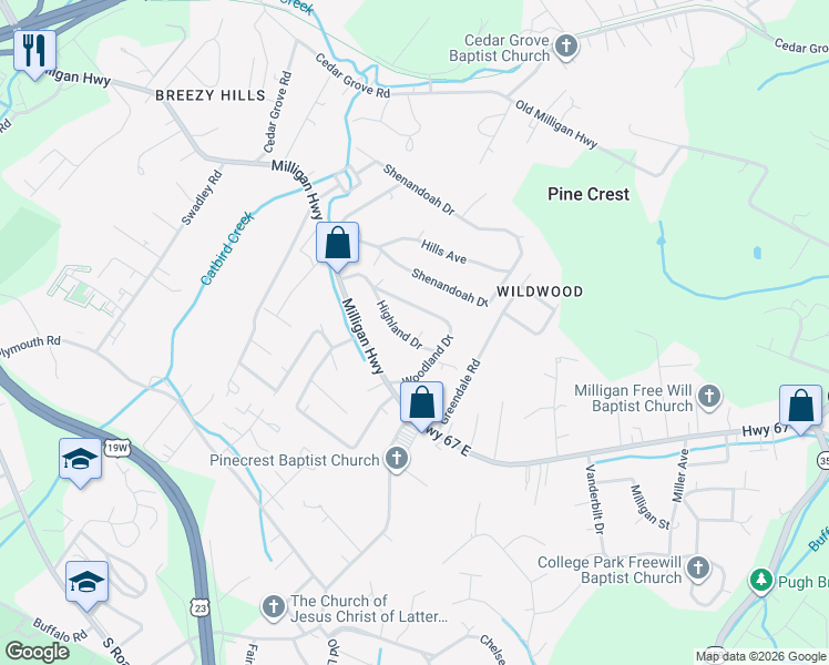 map of restaurants, bars, coffee shops, grocery stores, and more near 163 Woodland Drive in Johnson City