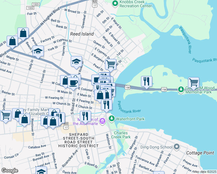 map of restaurants, bars, coffee shops, grocery stores, and more near 300 South Water Street in Elizabeth City