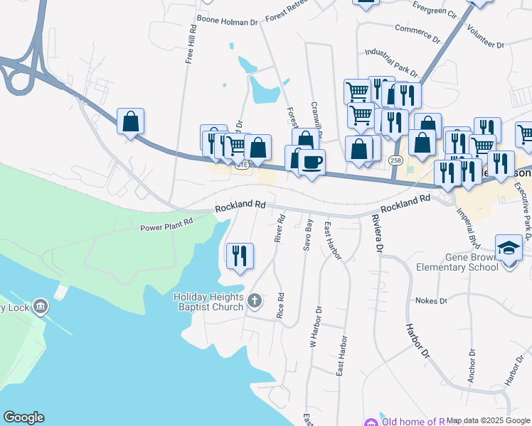 map of restaurants, bars, coffee shops, grocery stores, and more near 263 Rockland Road in Hendersonville
