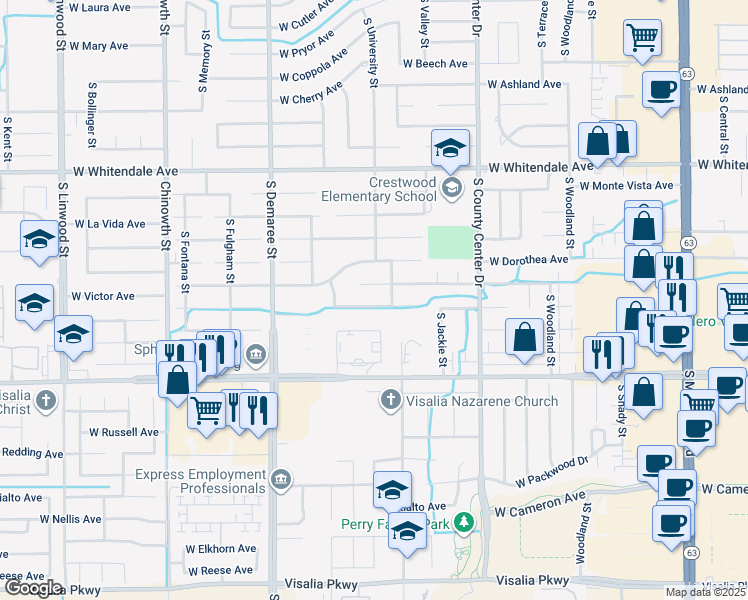 map of restaurants, bars, coffee shops, grocery stores, and more near 3239 West Victor Avenue in Visalia
