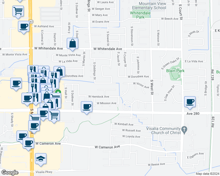 map of restaurants, bars, coffee shops, grocery stores, and more near 1022 West Orchard Court in Visalia
