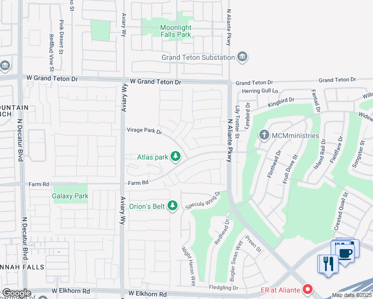 map of restaurants, bars, coffee shops, grocery stores, and more near Virage Park Drive in North Las Vegas