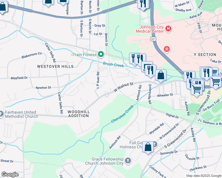 map of restaurants, bars, coffee shops, grocery stores, and more near 2800 West Walnut Street in Johnson City