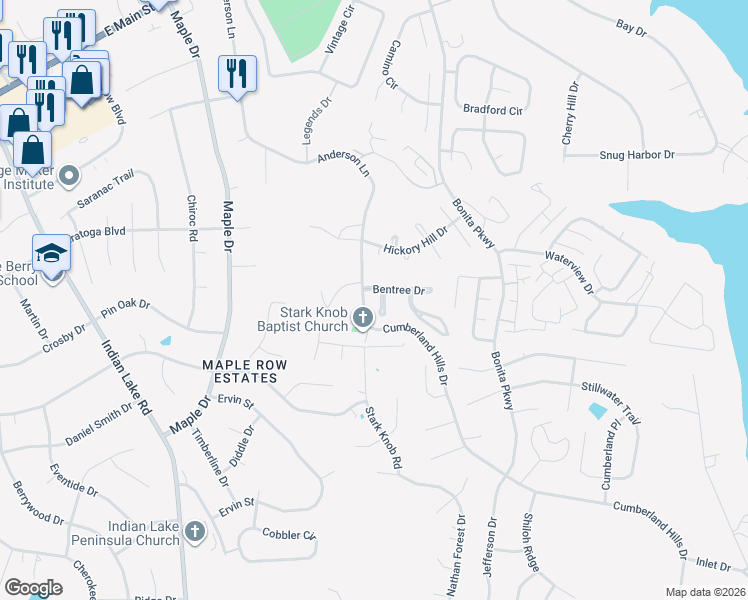 map of restaurants, bars, coffee shops, grocery stores, and more near 101 Bentree Drive in Hendersonville