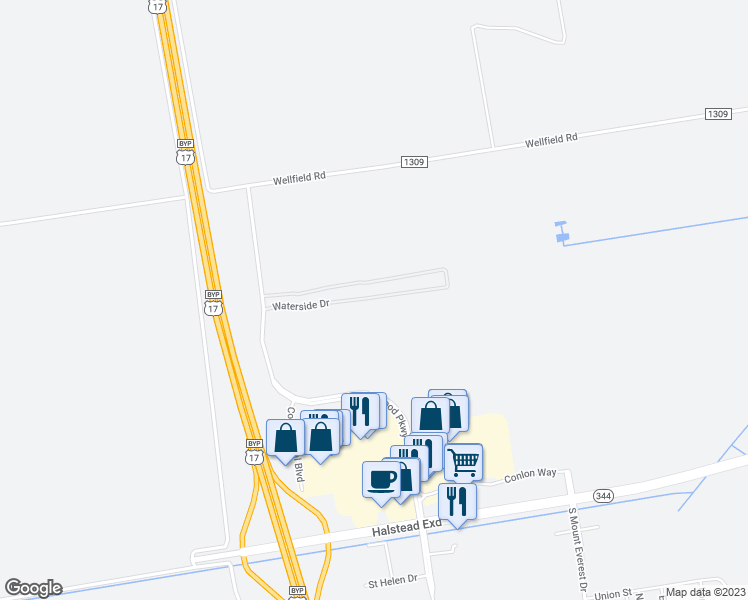 map of restaurants, bars, coffee shops, grocery stores, and more near 3800 Waterside Drive in Elizabeth City