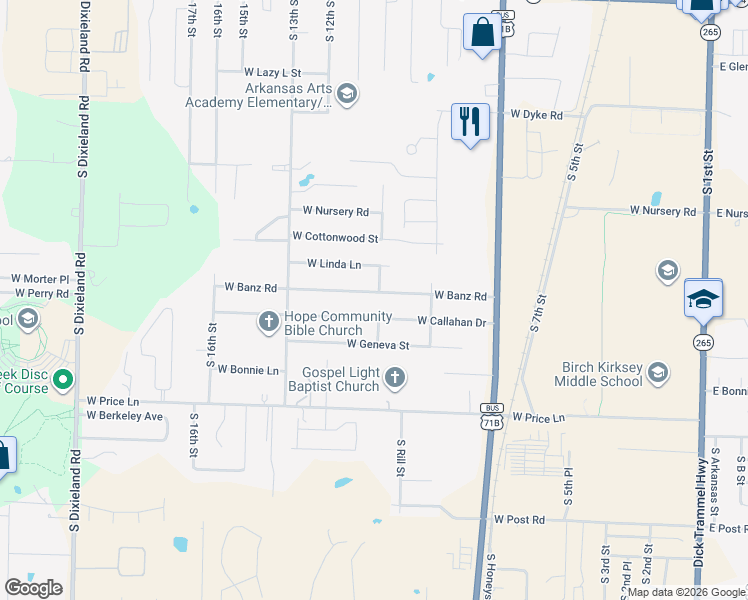 map of restaurants, bars, coffee shops, grocery stores, and more near 1105 West Banz Road in Rogers