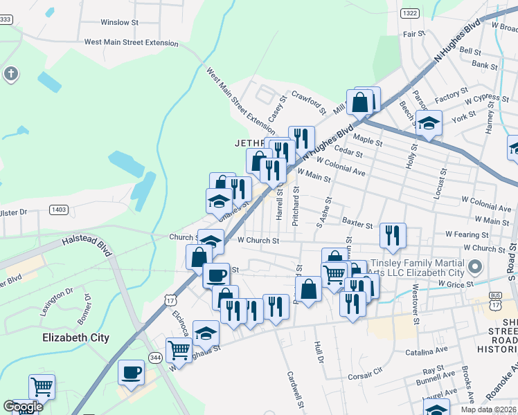 map of restaurants, bars, coffee shops, grocery stores, and more near 200 Simpson Street in Elizabeth City