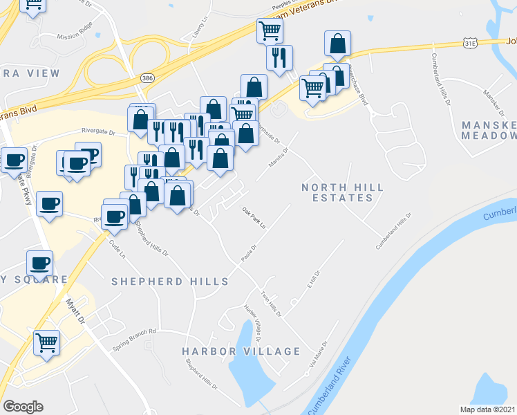 map of restaurants, bars, coffee shops, grocery stores, and more near 115 Oak Park Lane in Nashville