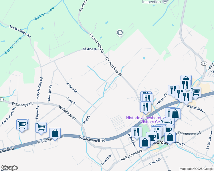 map of restaurants, bars, coffee shops, grocery stores, and more near 679 North Cherokee Street in Jonesborough