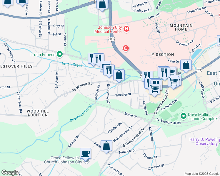 map of restaurants, bars, coffee shops, grocery stores, and more near 611 Embreeville Road in Johnson City