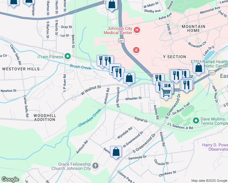 map of restaurants, bars, coffee shops, grocery stores, and more near 2502 Gilmer Street in Johnson City