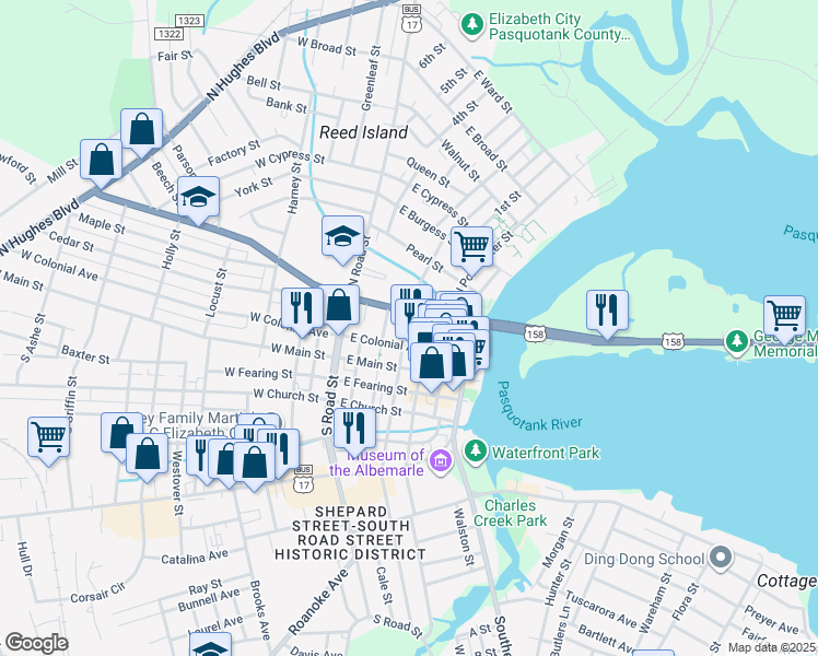 map of restaurants, bars, coffee shops, grocery stores, and more near 257-299 North Martin Street in Elizabeth City