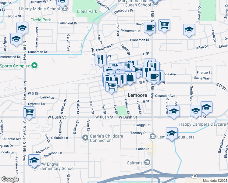 map of restaurants, bars, coffee shops, grocery stores, and more near 321 West D Street in Lemoore