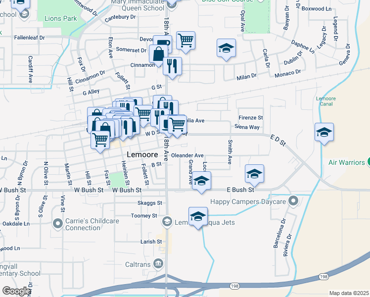 map of restaurants, bars, coffee shops, grocery stores, and more near 55 East D Street in Lemoore