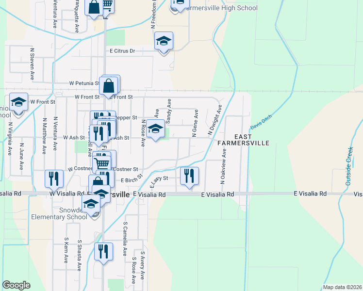 map of restaurants, bars, coffee shops, grocery stores, and more near 496 North Hester Avenue in Farmersville