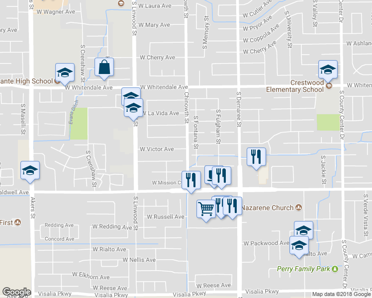 map of restaurants, bars, coffee shops, grocery stores, and more near 4043 West Victor Avenue in Visalia