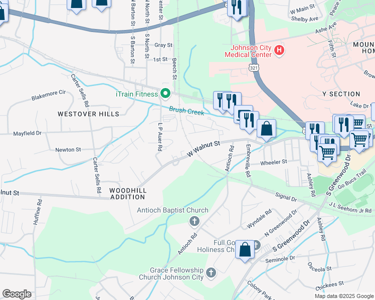 map of restaurants, bars, coffee shops, grocery stores, and more near 2800 West Walnut Street in Johnson City
