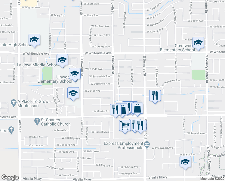 map of restaurants, bars, coffee shops, grocery stores, and more near 4044 West Victor Avenue in Visalia