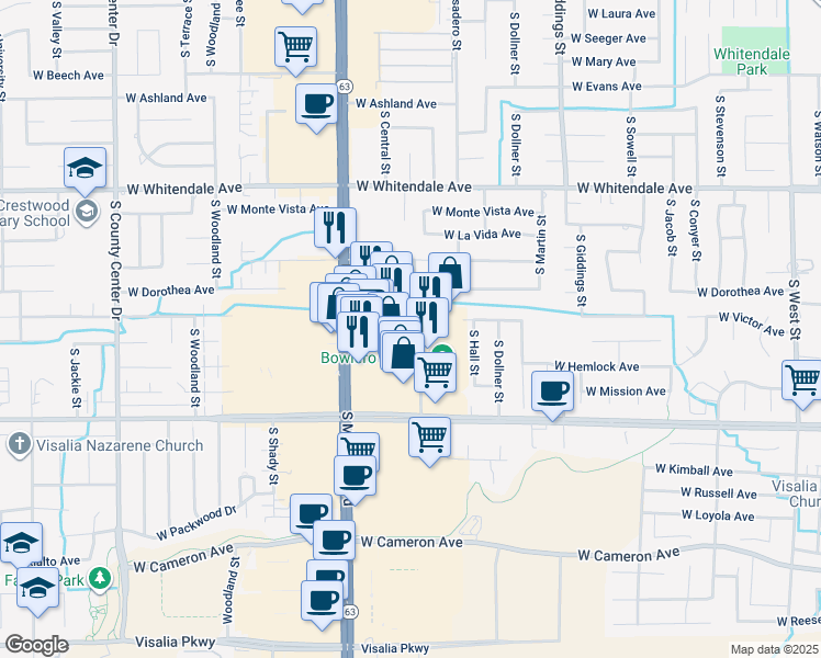 map of restaurants, bars, coffee shops, grocery stores, and more near 3252 South Mooney Boulevard in Visalia