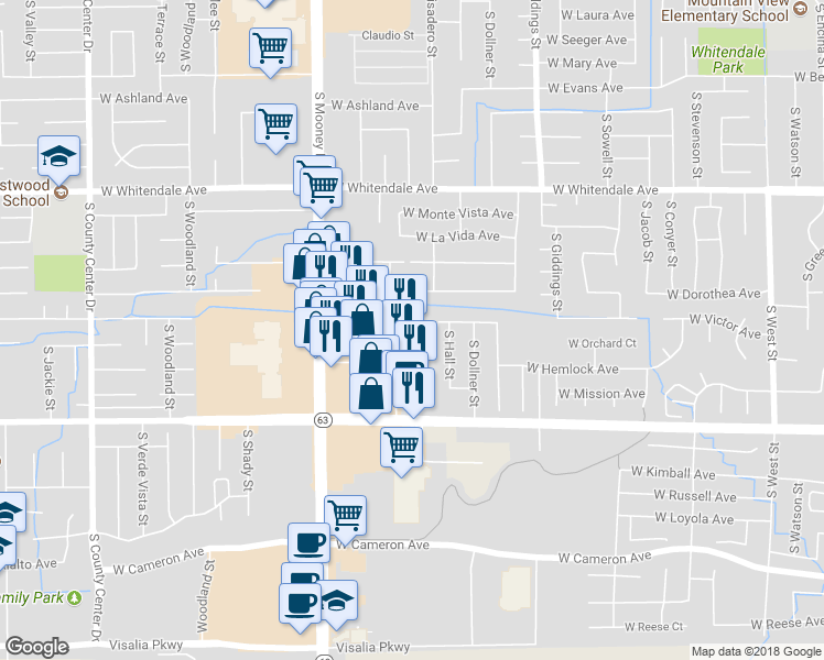 map of restaurants, bars, coffee shops, grocery stores, and more near 3330 South Fairway Street in Visalia