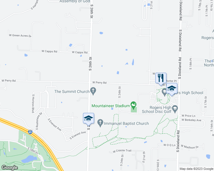 map of restaurants, bars, coffee shops, grocery stores, and more near 2518 West Perry Road in Rogers
