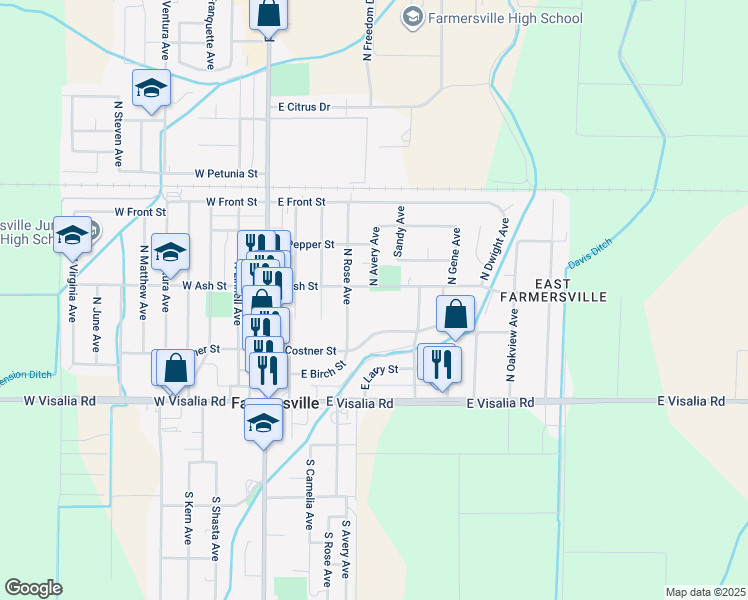 map of restaurants, bars, coffee shops, grocery stores, and more near 477 East Ash Street in Farmersville