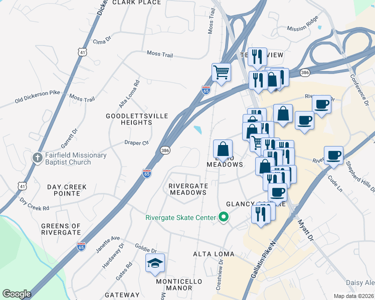 map of restaurants, bars, coffee shops, grocery stores, and more near 250 Cobblestone Place Drive in Goodlettsville