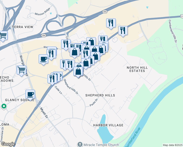 map of restaurants, bars, coffee shops, grocery stores, and more near 203 Churchill Crossing in Nashville