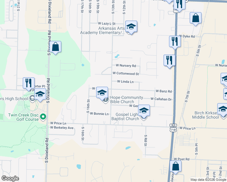map of restaurants, bars, coffee shops, grocery stores, and more near 1210 West Banz Road in Rogers