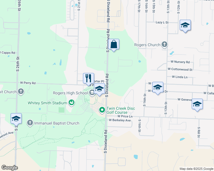 map of restaurants, bars, coffee shops, grocery stores, and more near South Dixieland Road in Rogers