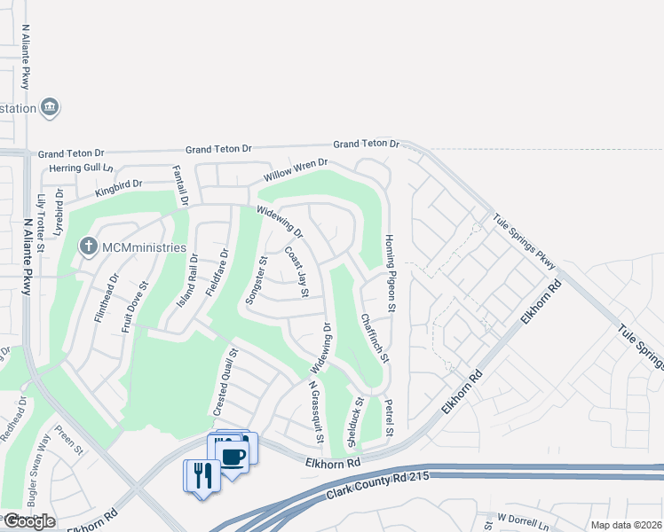 map of restaurants, bars, coffee shops, grocery stores, and more near 7716 Pine Warbler Way in North Las Vegas