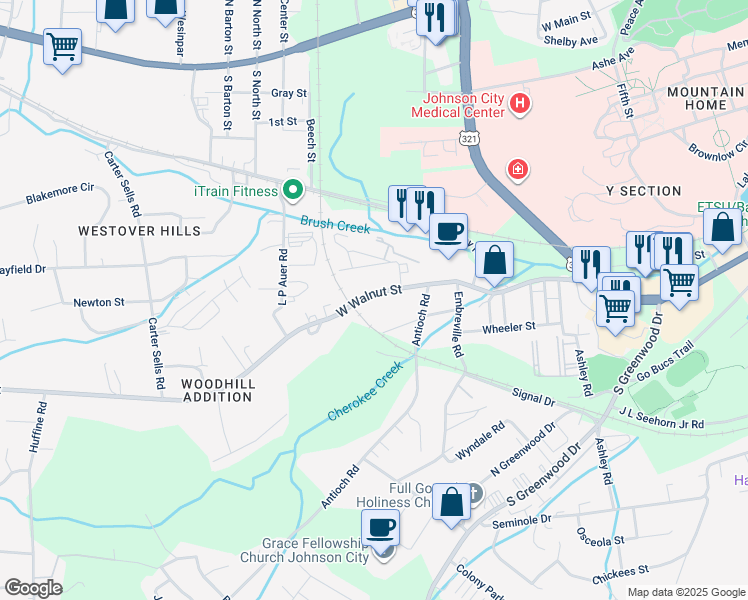 map of restaurants, bars, coffee shops, grocery stores, and more near 2711 West Walnut Street in Johnson City